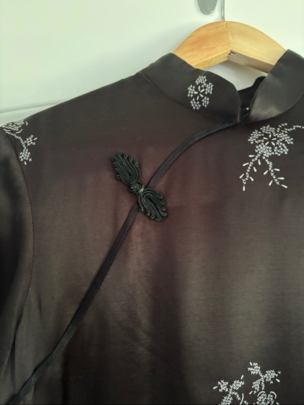 Celine Black Satin Cheongsam Midi Dress with Silver Floral Motifs - Picture 2 of 5